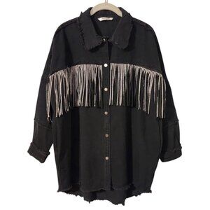 Casual Western Style Frayed Tassel Fringe Black Denim Shacket | Size 40 / Size M